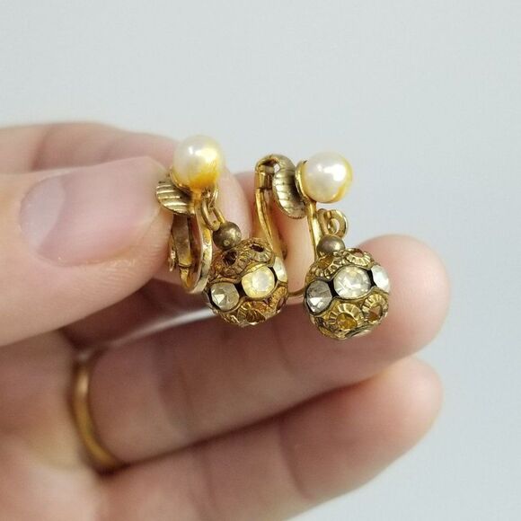 Vintage Faux Pearl and Rhinestone Necklace and Earrings Set, 50s 60s Style - Picture 3 of 7